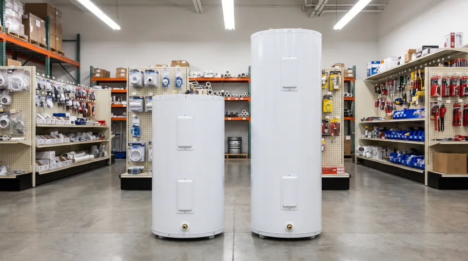 Two new tank water heaters of different sizes side by side