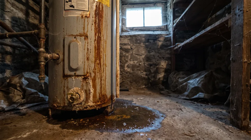 An old corroded water heater with water pooling at its base