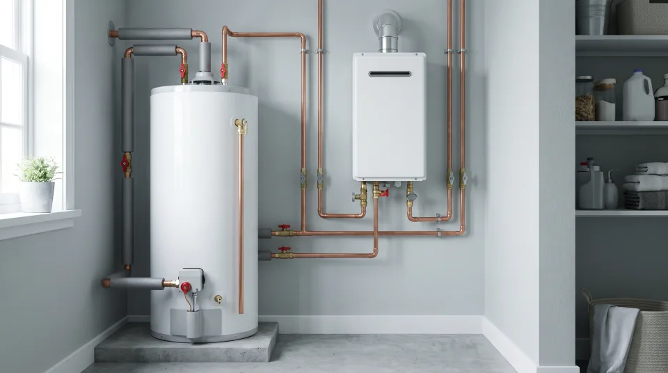 A tank water heater installed beside a wall-mounted tankless unit