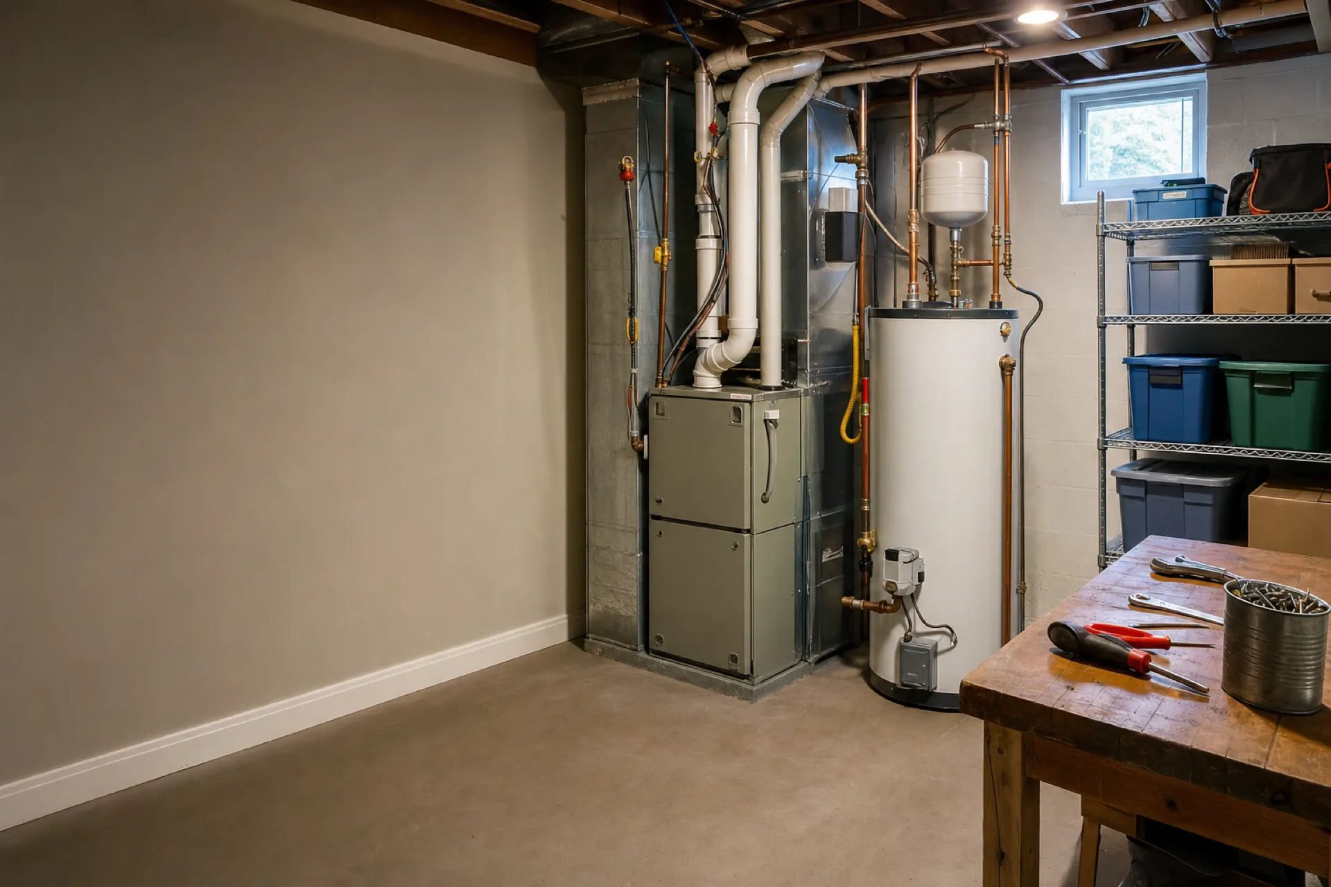 A water heater and copper connections in a home utility space