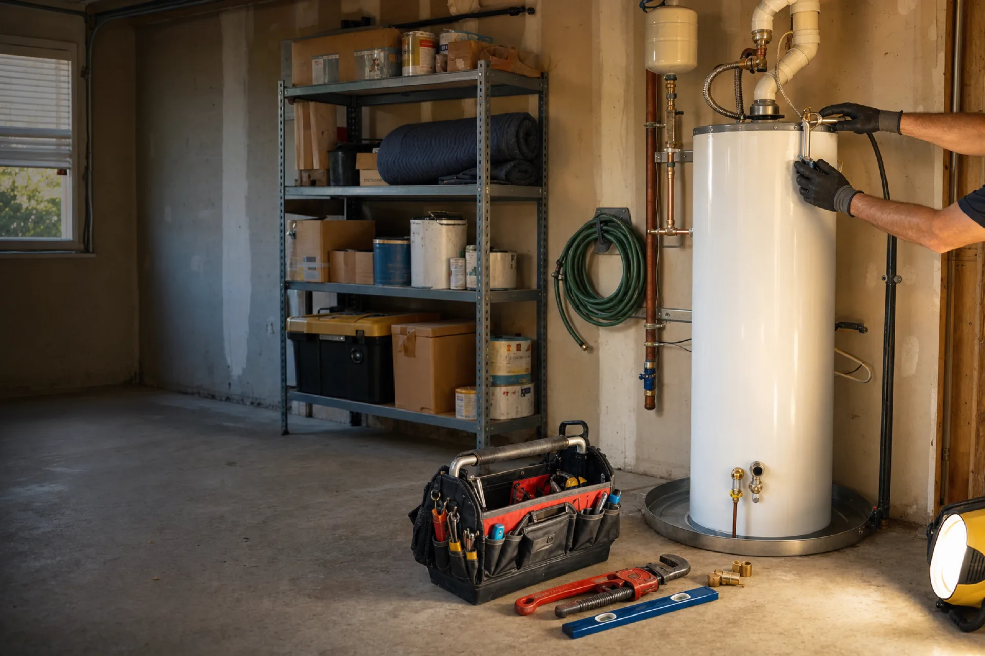 A plumber installing a new water heater in a Charlotte home garage, with new connections, a drip pan, and tools laid out