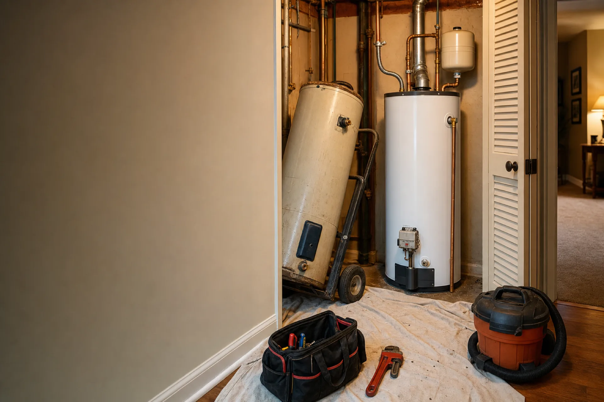 An old water heater on a dolly beside a newly connected replacement in a home