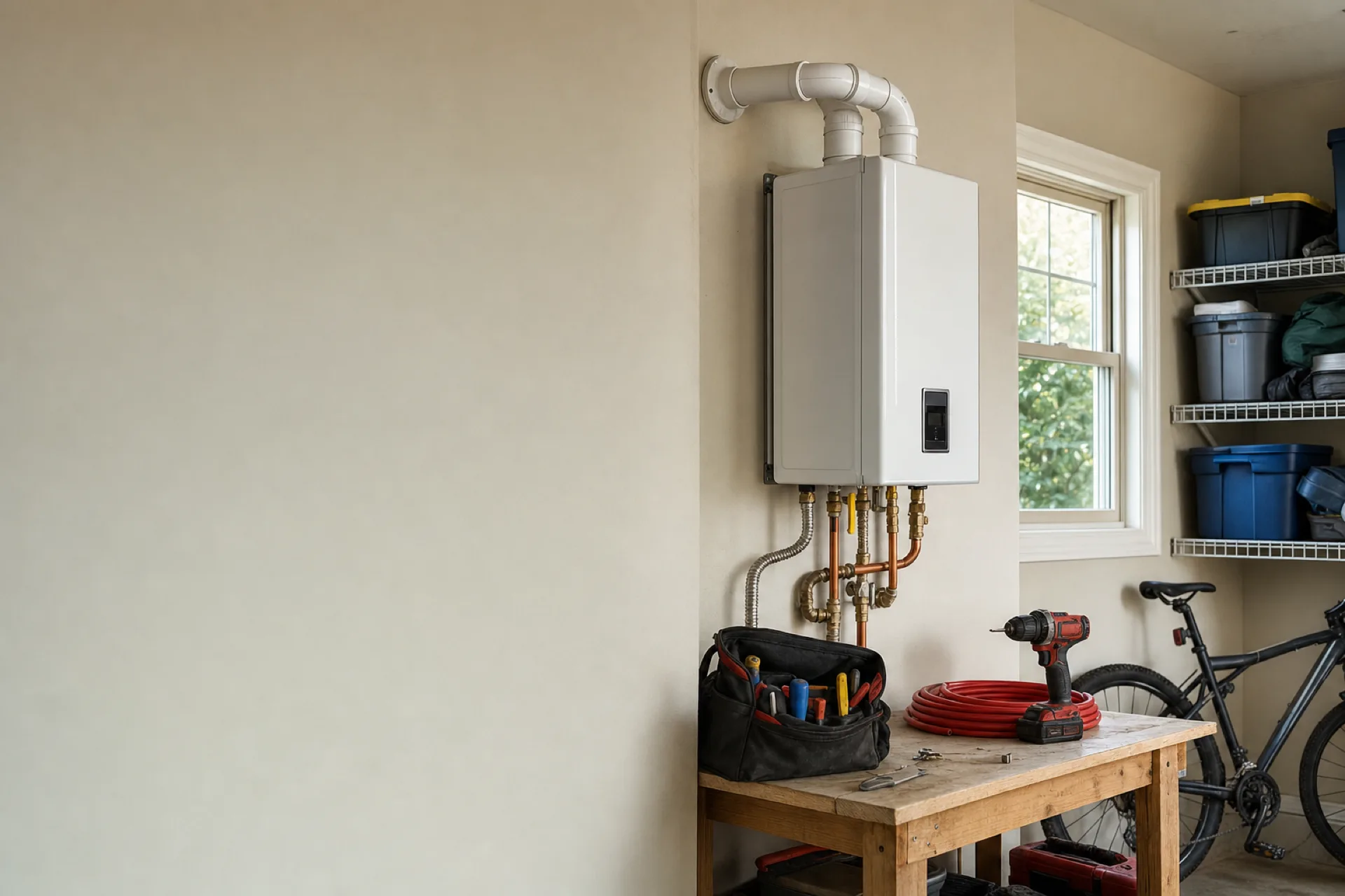 A wall-mounted tankless water heater in a home utility room