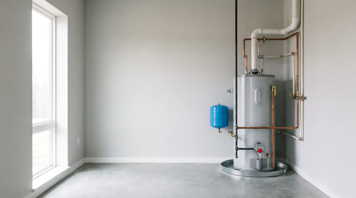 New gas water heater with expansion tank and copper lines installed in a Charlotte utility room