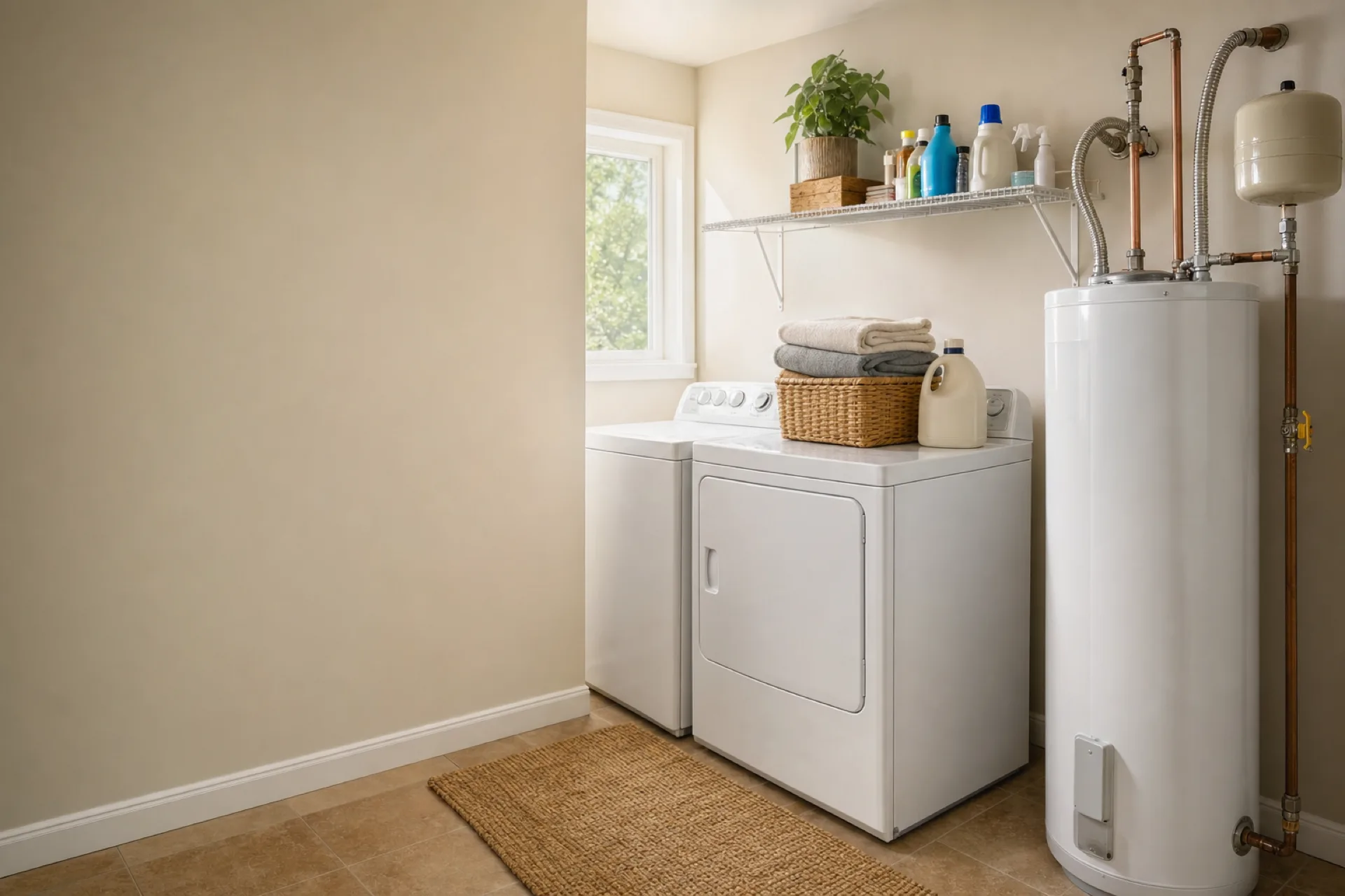 A water heater in a Charlotte home laundry room beside the washer and dryer
