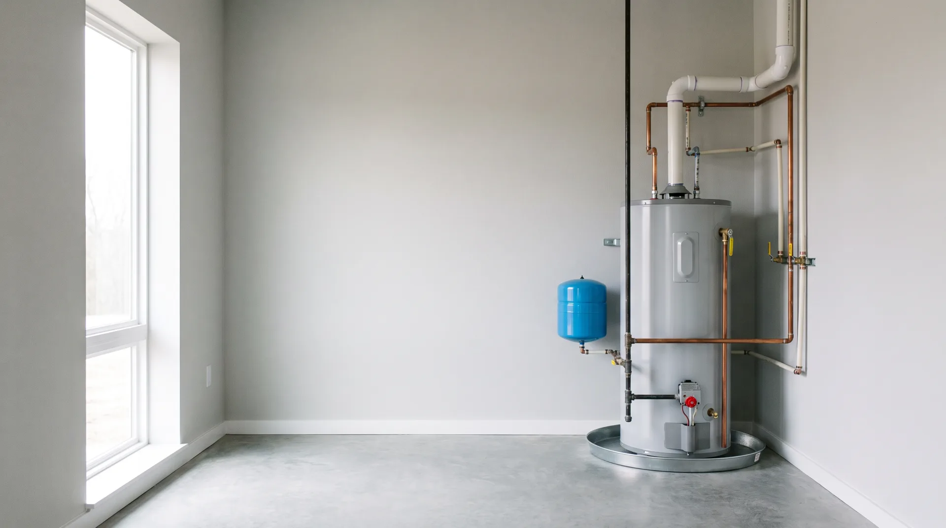 A tank water heater connected in a home utility room