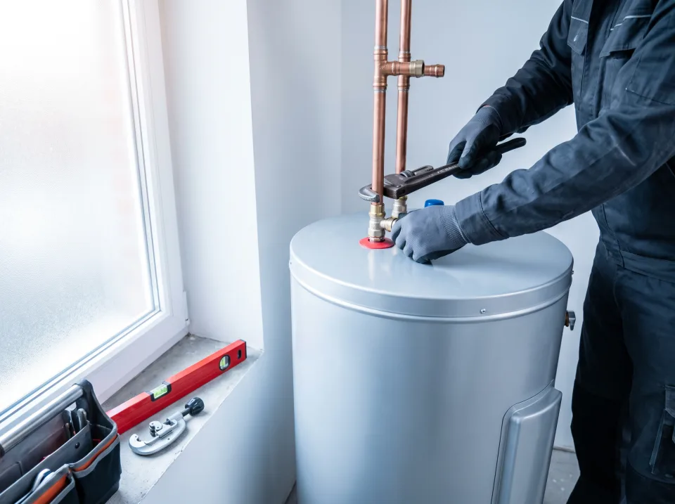 Plumber connecting copper water lines to a newly installed water heater