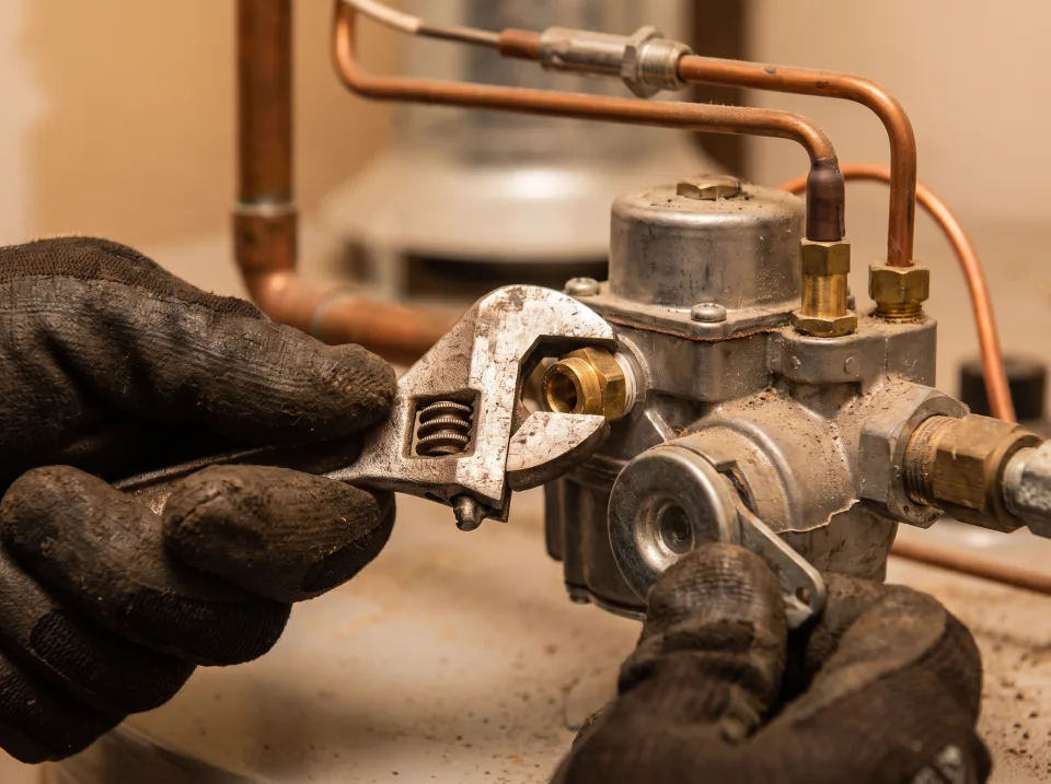Gloved hands tightening the gas control valve on a residential water heater