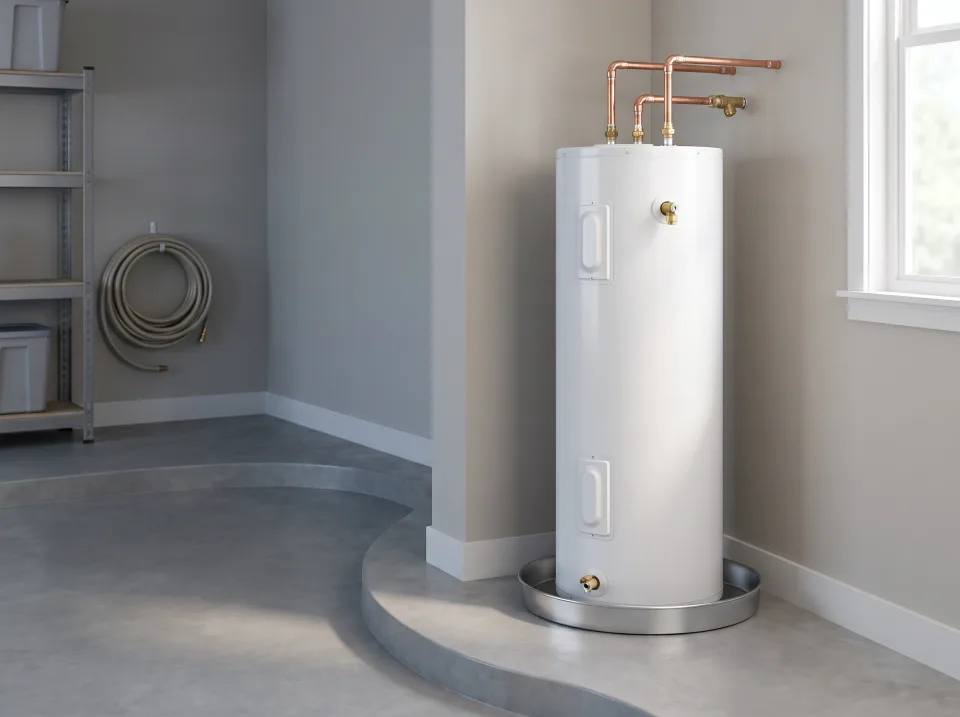 New white tank water heater installed in a garage utility corner