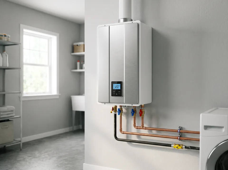 Wall-mounted gas tankless water heater in a residential utility room